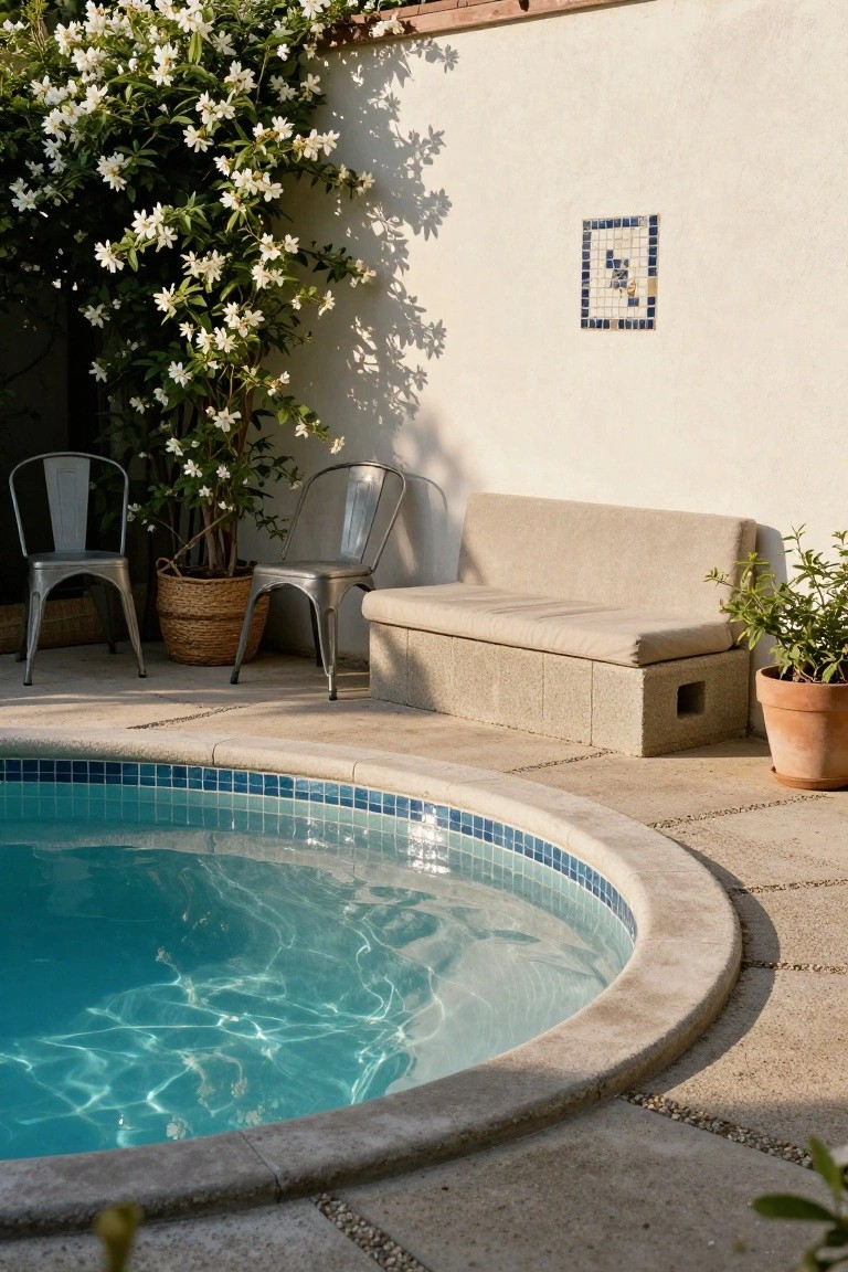 Small turquoise-tiled inground pool edged in beige stone, with a low concrete block bench, two metal chairs beside potted plants, white flowering vine on stucco wall, and terracotta pot nearby.