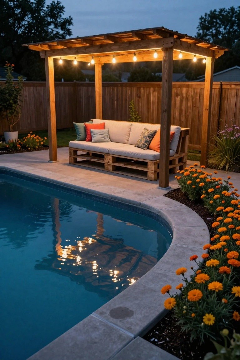 Wooden pergola with string lights strung across the top over a gray cushioned couch built on pallets, positioned next to a curved inground pool with concrete edging and orange flower beds.