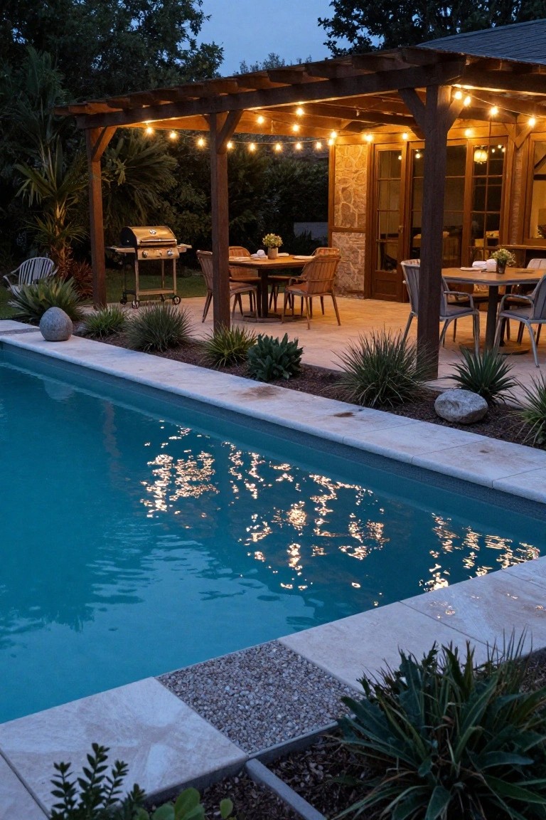 Wooden pergola with string lights over a patio dining area and grill next to an inground pool at twilight, with stone house wall, plants, and reflections on the water.