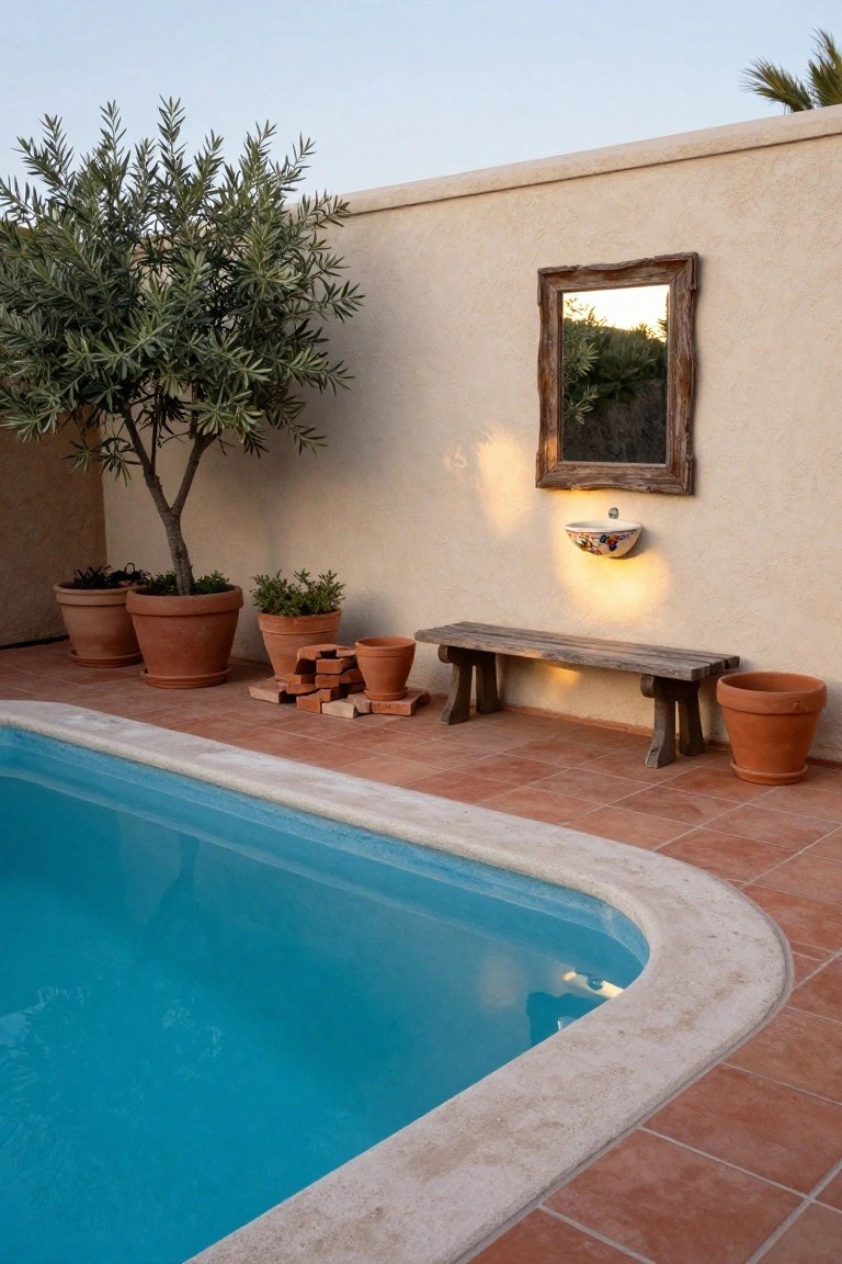 Inground pool with turquoise water bordered by terracotta tiles, rustic wooden bench, terracotta pots with plants, olive tree, and beige stucco wall with framed mirror and wall-mounted basin.