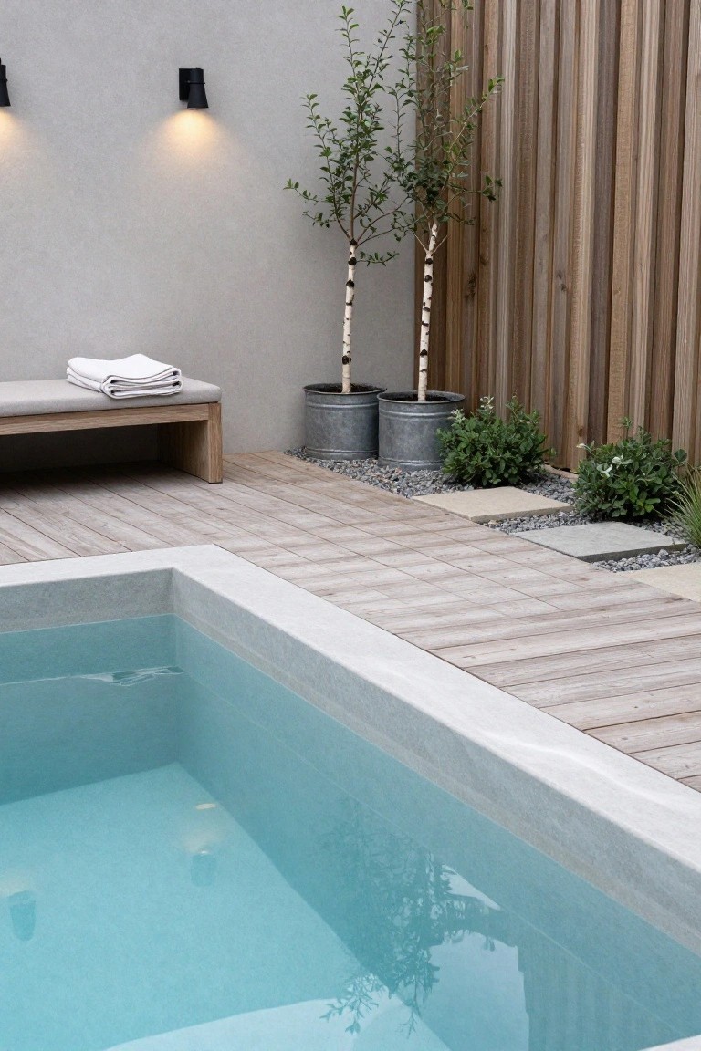 Modern backyard pool with deck, potted trees, and stone path.