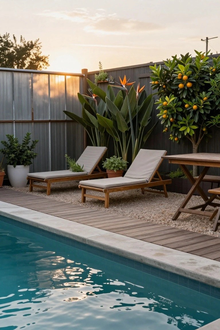 Turquoise inground pool edged with white tiles and light wood decking leading to gravel ground cover, flanked by two beige-cushioned wooden lounge chairs, a small folding wooden table, potted plants, and tropical greenery against a dark fence at sunset.
