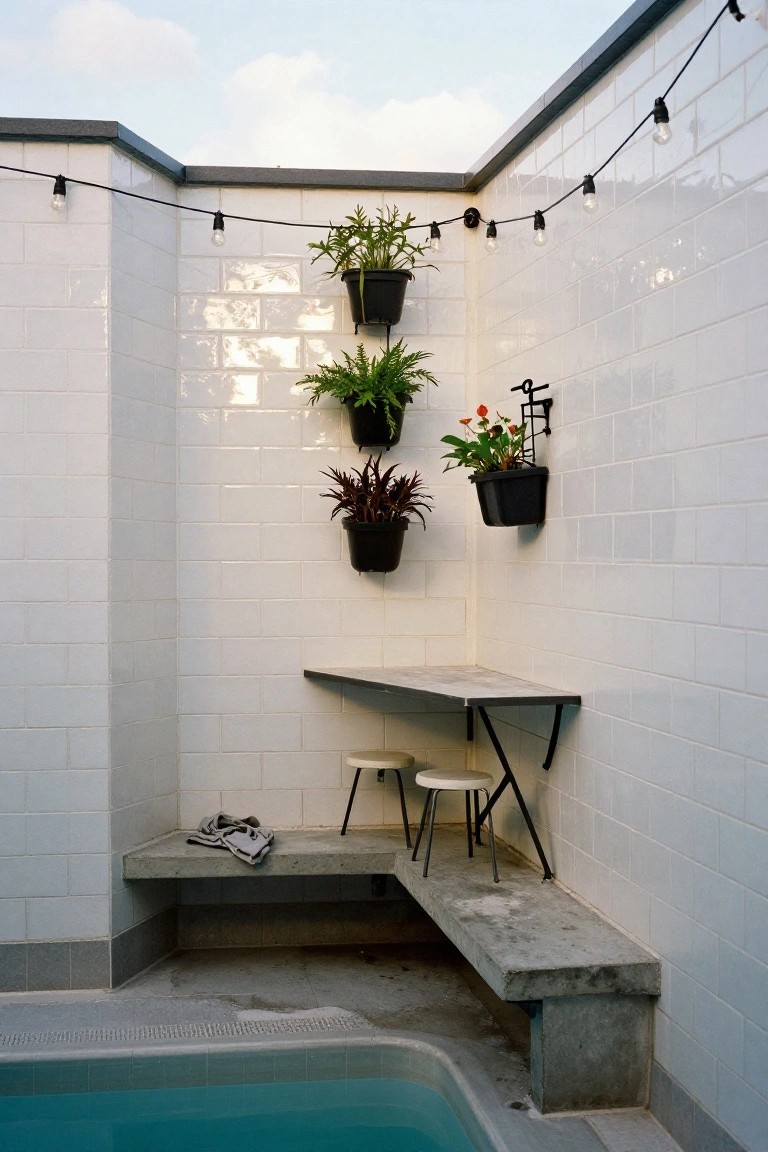 Corner view of an inground pool edged in concrete, with white tiled walls, hanging plants in black pots, string lights overhead, a small metal bar counter with two stools, and a concrete bench nearby.