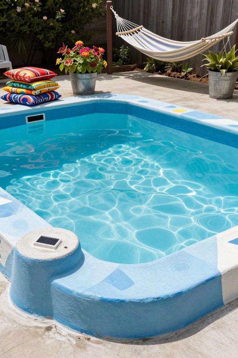 A small kidney-shaped inground pool with blue water and tiled edges on a concrete patio, surrounded by stacked colorful pillows, metal bucket planters with flowers, and a hammock hanging nearby in a backyard.