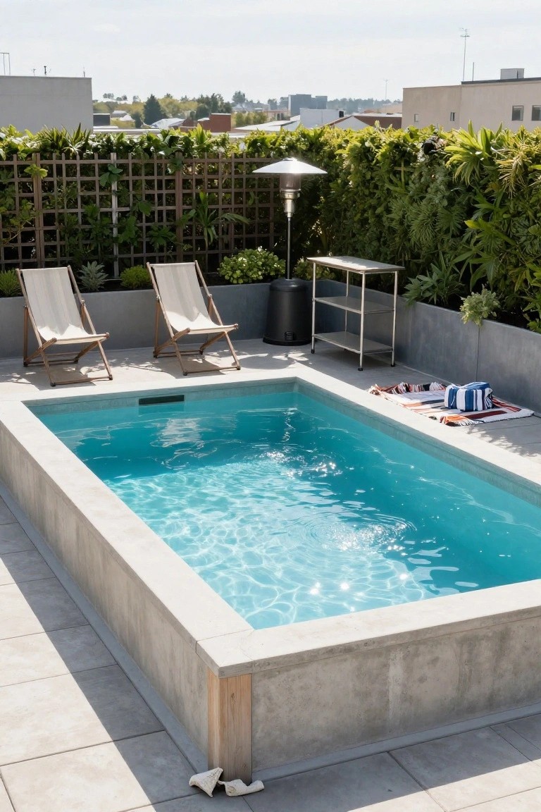 Small rectangular inground pool on a concrete rooftop terrace edged with gray blocks, flanked by two wooden lounge chairs with white cushions, potted plants, greenery screens, towels on the deck, and city views in the background.