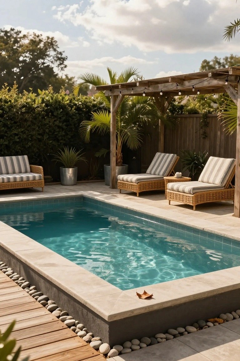 Small rectangular inground pool with turquoise tiled interior and white stone coping, surrounded by pebbles and wood decking, flanked by rattan loungers with striped cushions under a wooden pergola with string lights in a lush backyard.