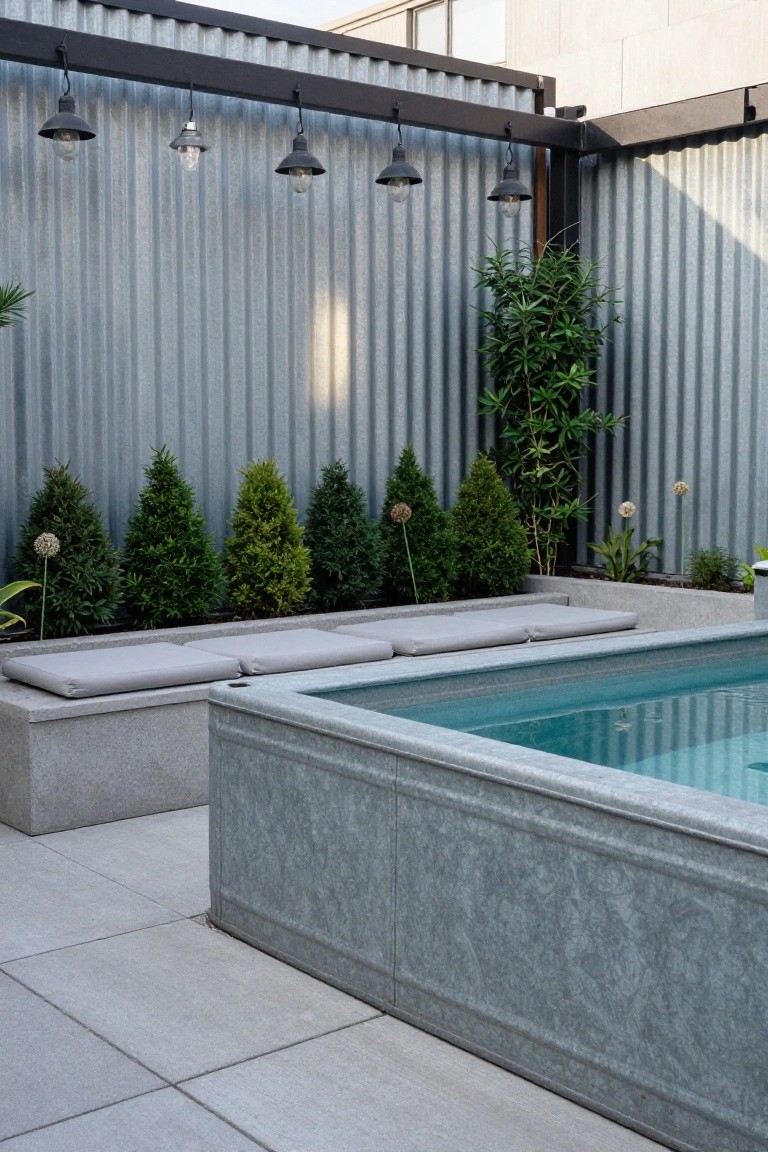 23 Brilliant Stock Tank Pool Privacy Ideas For Peaceful Afternoons Stock tank pool in a backyard enclosed by tall corrugated metal fencing, with built-in concrete bench seating, potted conifer plants along the fence, hanging black lanterns, and gray pavers on the ground.