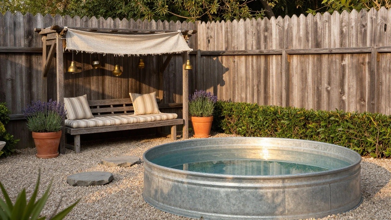 Galvanized stock tank pool in gravel yard under wooden pergola with beige draped fabric, wooden bench with cushions, lavender plants in terracotta pots, hedges, lanterns, and wooden fence.