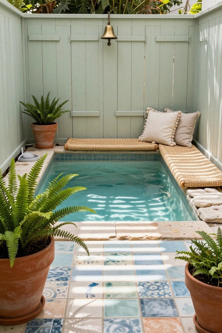 23 Brilliant Stock Tank Pool Privacy Ideas For Peaceful Afternoons Small turquoise pool in a green wooden fenced courtyard with potted ferns, rattan bench seating along one side, bell hanging from fence, and colorful tiled patio floor.