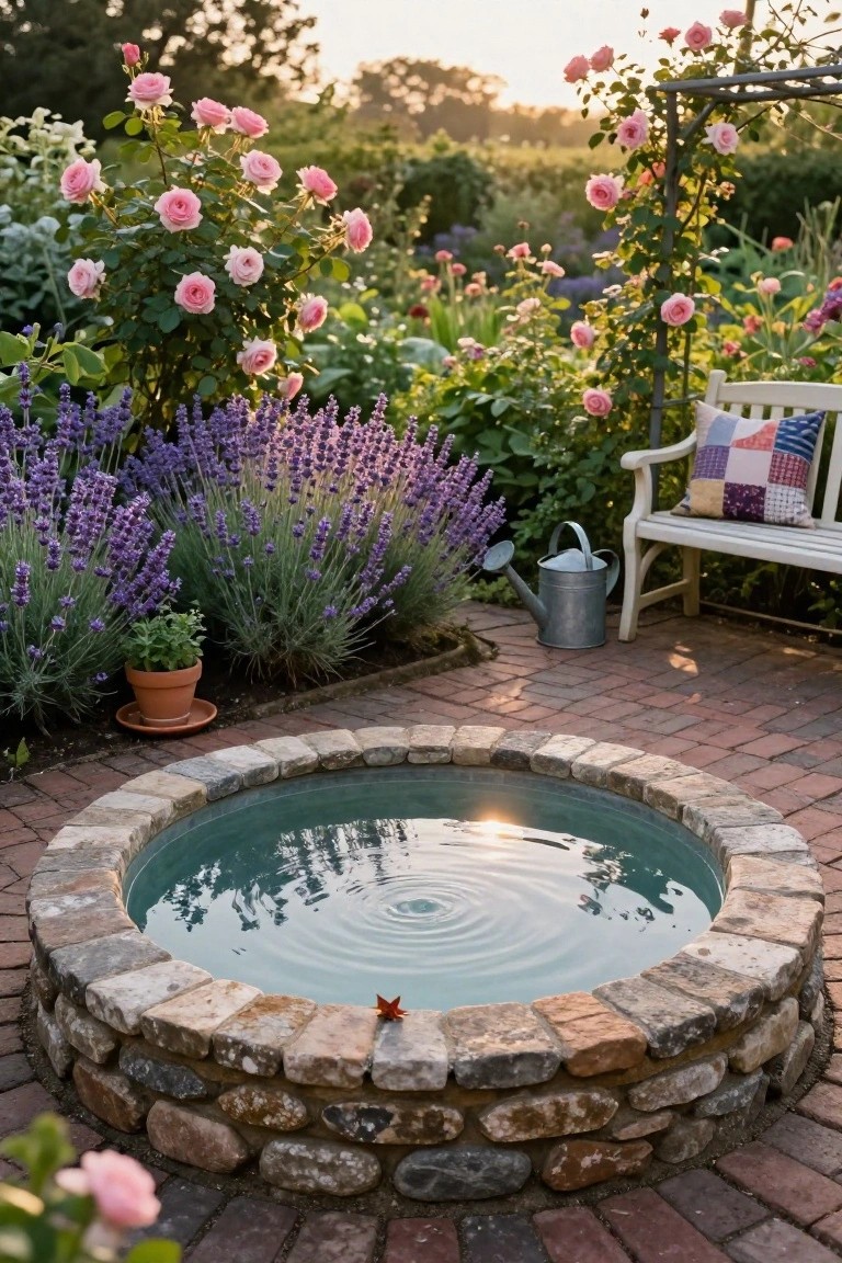 23 Brilliant Stock Tank Pool Privacy Ideas For Peaceful Afternoons Circular stone pool with clear blue-green water and a floating red leaf in a brick-paved garden surrounded by pink rose bushes, purple lavender plants, a white wooden bench with patchwork cushions, and a metal watering can.