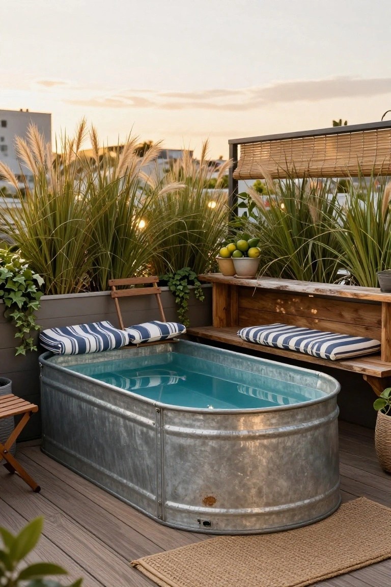 23 Brilliant Stock Tank Pool Privacy Ideas For Peaceful Afternoons Rooftop deck with a turquoise oval stock tank pool centered amid tall ornamental grasses, wooden benches with striped cushions, potted citrus plants, and vertical bamboo screens against a sunset sky.