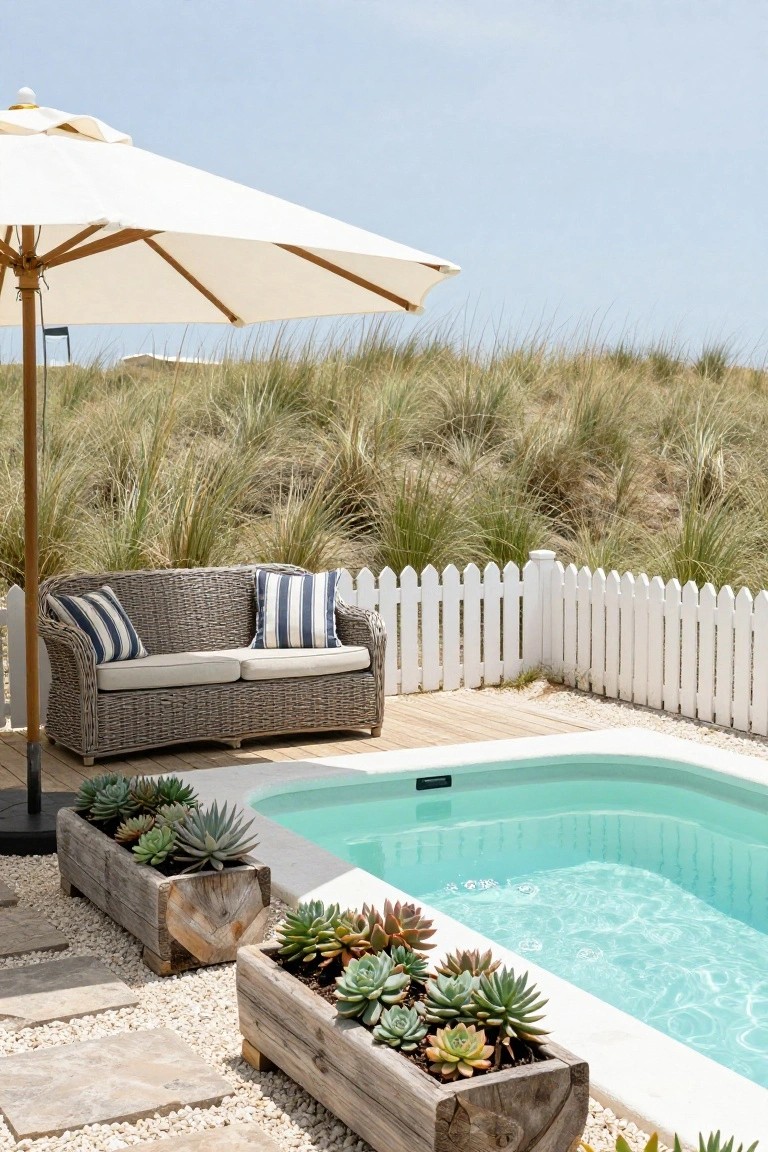 23 Brilliant Stock Tank Pool Privacy Ideas For Peaceful Afternoons Small turquoise pool with clear water next to a low white picket fence, wicker sofa with blue-and-white cushions, beach umbrella, wooden planters with succulents, and dunes in the background.