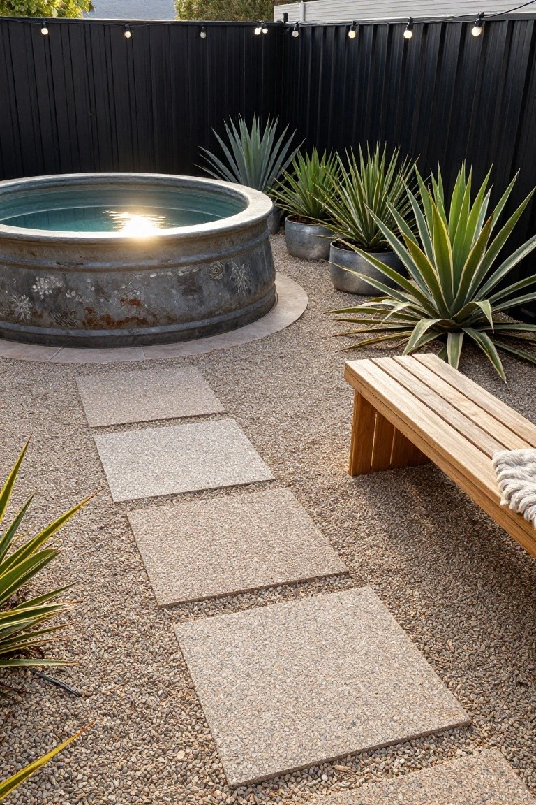 23 Brilliant Stock Tank Pool Privacy Ideas For Peaceful Afternoons Galvanized stock tank pool in gravel yard surrounded by potted agave plants, with paver path, wooden bench, and string lights on black fence.