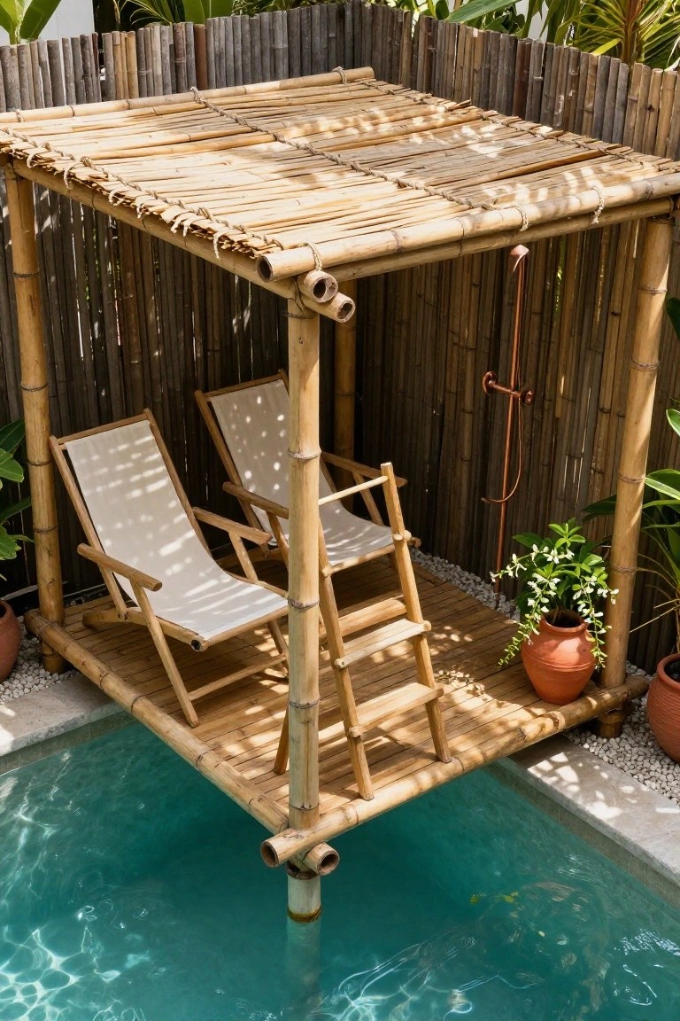 Bamboo pergola structure with two lounge chairs positioned over the edge of a turquoise pool, including a copper shower head and potted plants nearby.