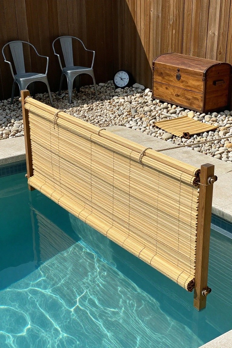 Bamboo reed roller shade extended along the edge of a turquoise swimming pool, mounted on wooden posts, with gray pebble ground, two metal chairs, a wooden treasure chest, wall clock, and wooden fence in the background.