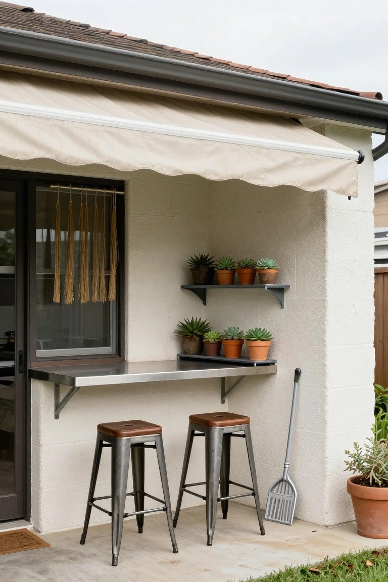 Beige canvas awning extended over a white stucco patio wall with a stainless steel bar counter, two metal bar stools, shelves holding potted succulents, hanging fiber strands on a window, a broom nearby, and potted plants on the concrete floor beside green grass.
