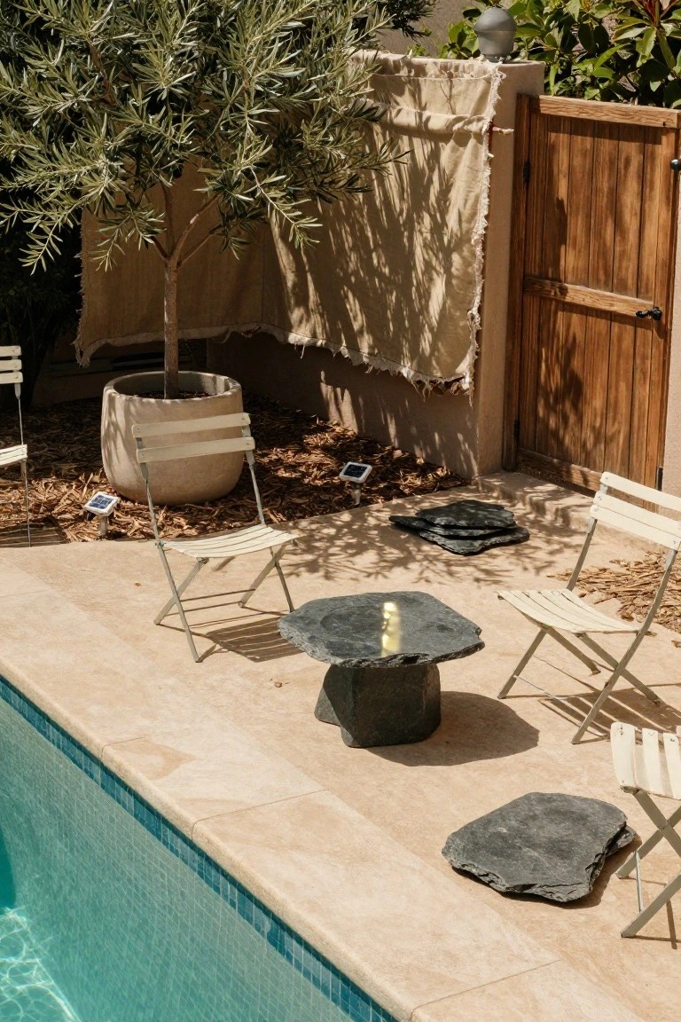 Poolside deck with beige tiled edge, white folding chairs around a square stone table, draped beige fabric shade on fence, potted olive tree, slate rocks, and solar light nearby.