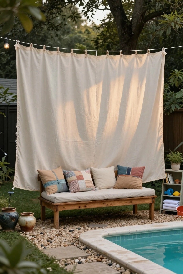 Wooden bench daybed with colorful patterned pillows under large draped white fabric panels near an outdoor pool, surrounded by plants, pebbles, and potted ceramics.