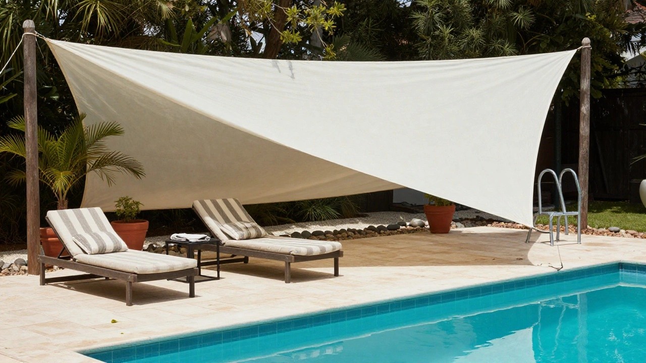 Two striped lounge chairs with cushions under a white triangular shade sail next to a blue swimming pool on a tiled deck, with potted plants, palm trees, and wooden support posts nearby.
