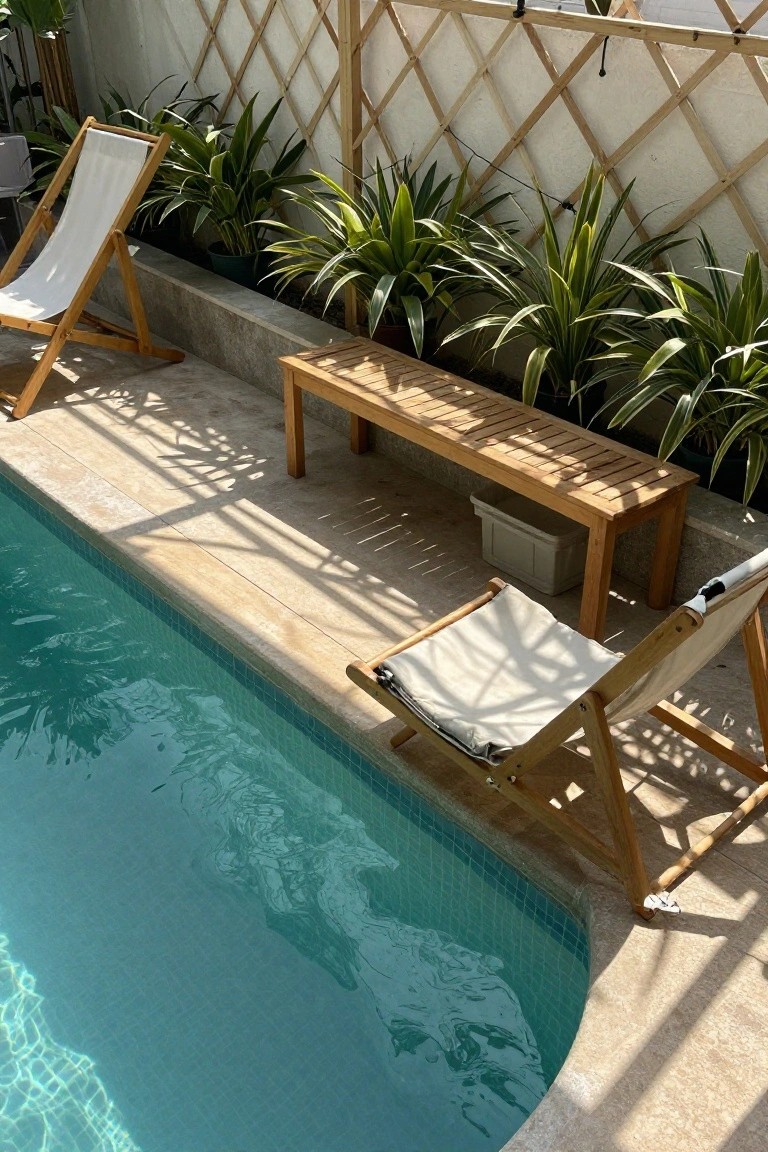 Turquoise-tiled pool with beige deck edge, white lattice screen fence, wooden lounge chairs, bench, and potted leafy plants nearby.