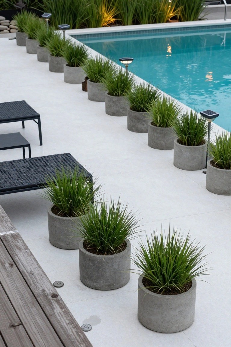 Row of tall cylindrical gray concrete planters with spiky green grasses lining the edge of a turquoise inground pool on a white deck, with black lounge chairs, solar lights, and tropical plants in the background.