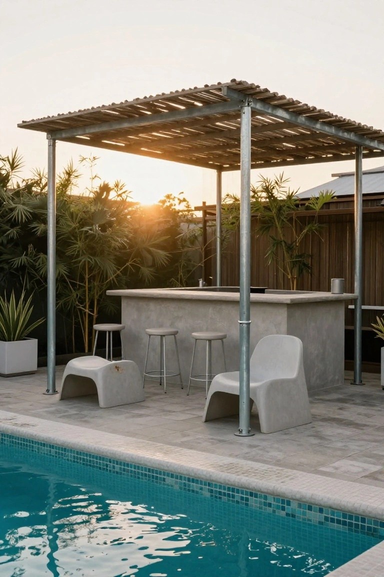 Poolside concrete bar shaded by a metal-framed pergola with wooden slats, surrounded by potted plants and palms, next to a turquoise-tiled pool at sunset.