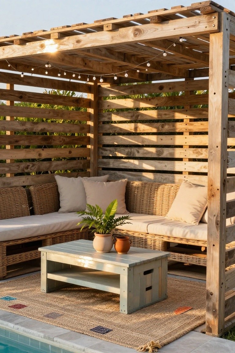 Wooden pallet pergola with slatted sides and roof over cushioned outdoor seating, low table, plants, rug, and string lights next to an in-ground pool on a tiled patio.