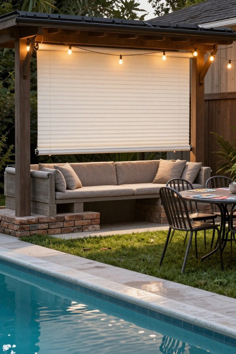 Wooden pergola with beige roll-down shade screen, gray outdoor sofa, black metal table and chairs, adjacent to a turquoise pool and green lawn.