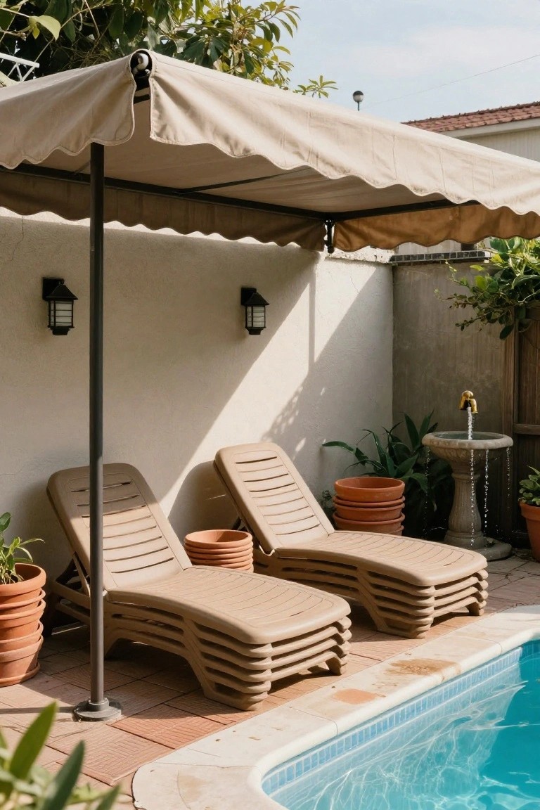 Two beige plastic lounge chairs under a large beige cantilever umbrella positioned next to a small blue swimming pool, with potted plants, a fountain, and wall lanterns nearby.