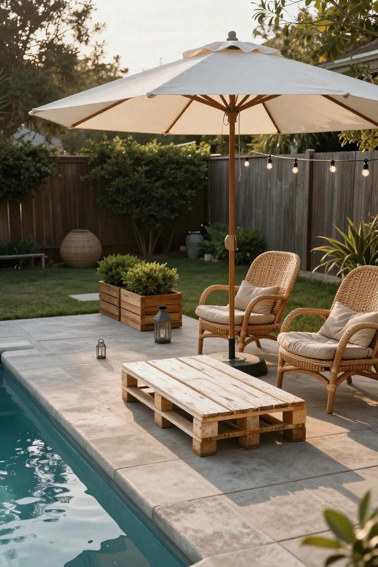 White market umbrella shading two rattan chairs with cushions and a pallet coffee table on a tiled poolside patio, surrounded by potted plants, string lights, wooden fence, and greenery in a backyard.