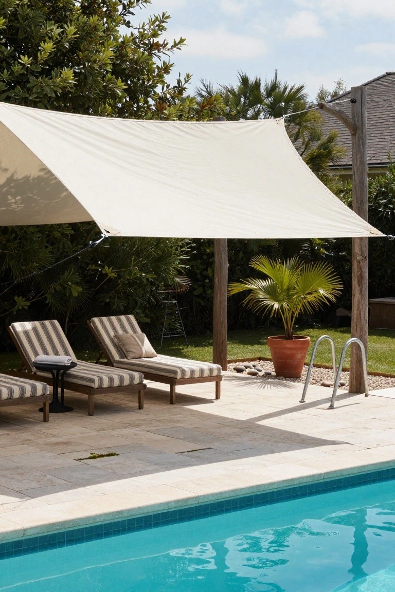 Two striped lounge chairs with cushions under a white triangular shade sail next to a blue swimming pool on a tiled deck, with potted plants, palm trees, and wooden support posts nearby.