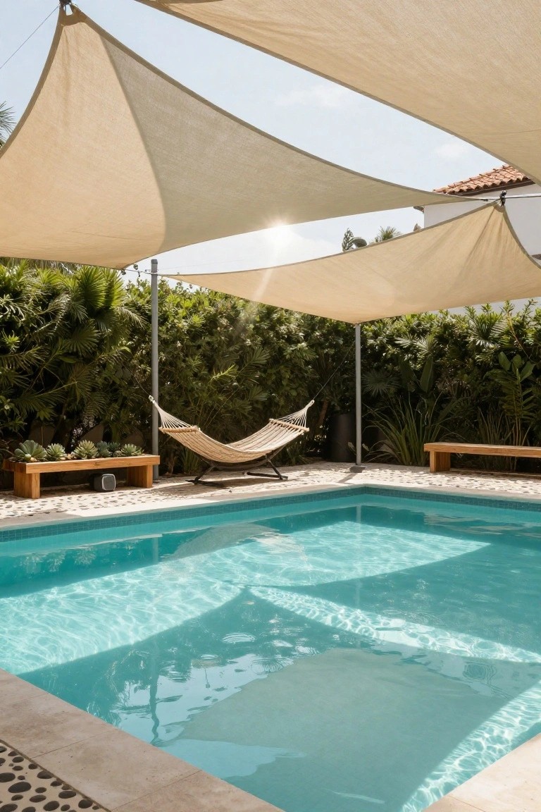 Backyard pool under several beige triangular shade sails, with a hanging hammock, wooden bench holding potted succulents, black speaker, and surrounding tropical plants on pebble decking.