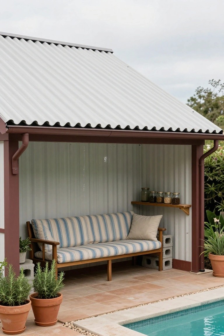Open-sided shelter with white corrugated metal roof and brown metal frames on a tiled poolside patio, featuring a wooden bench with blue striped cushions, potted rosemary plants, shelves holding glass jars, and a turquoise pool adjacent.