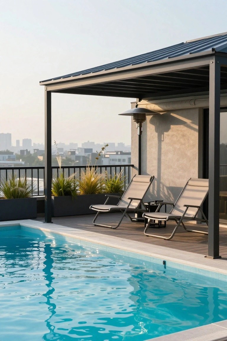 Rooftop terrace featuring a blue pool adjacent to a wooden deck with two beige lounge chairs under a gray metal pergola, potted grasses along the railing, and a city skyline view.