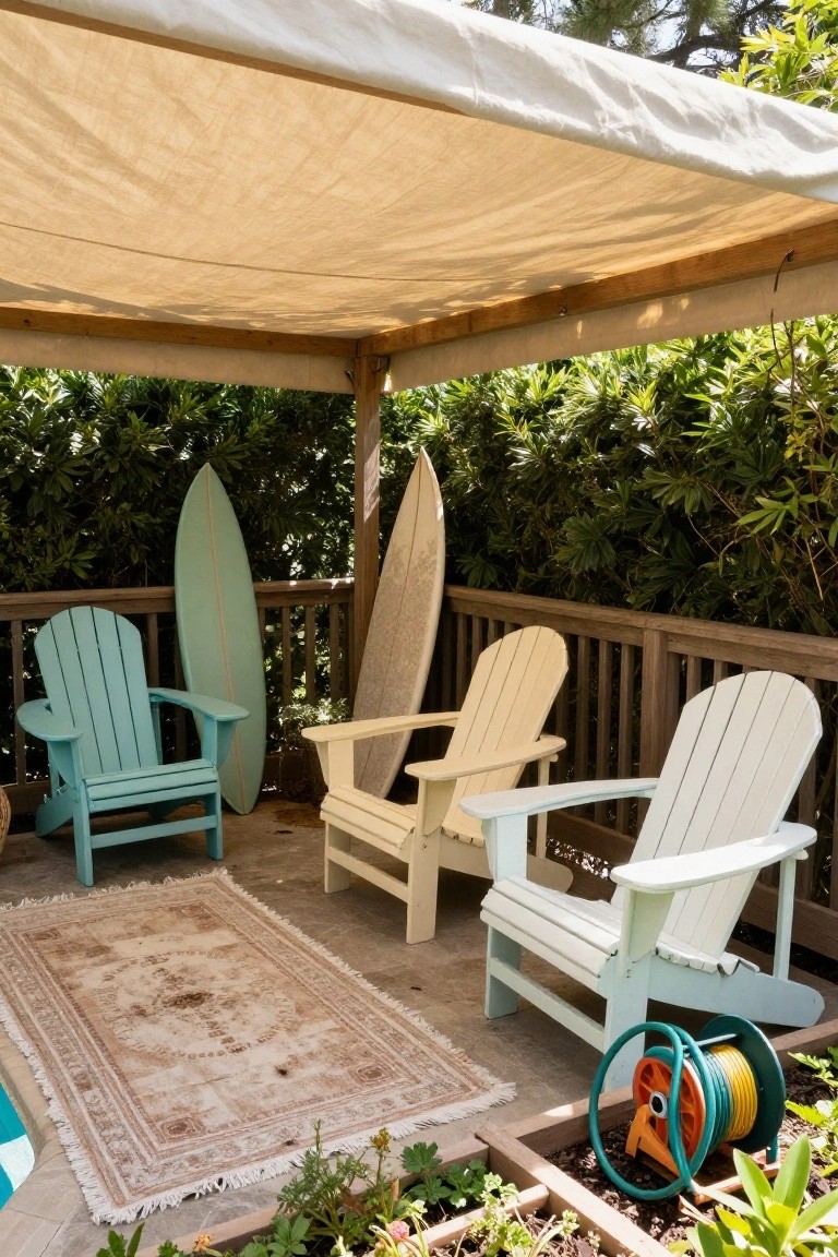 Wooden pergola with beige fabric shade cloth overhead on a concrete patio by a pool, featuring turquoise, cream, and white Adirondack chairs, two surfboards leaning against a green hedge fence, a beige rug, green hose reel, and potted plants.