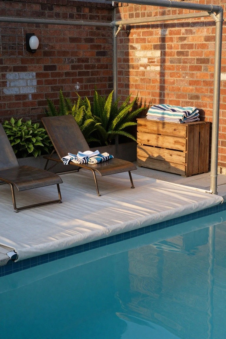 Poolside deck with two metal lounge chairs draped in towels, potted plants, wooden crate storage, white pool cover, and open metal pipe frame shade structure against brick wall.