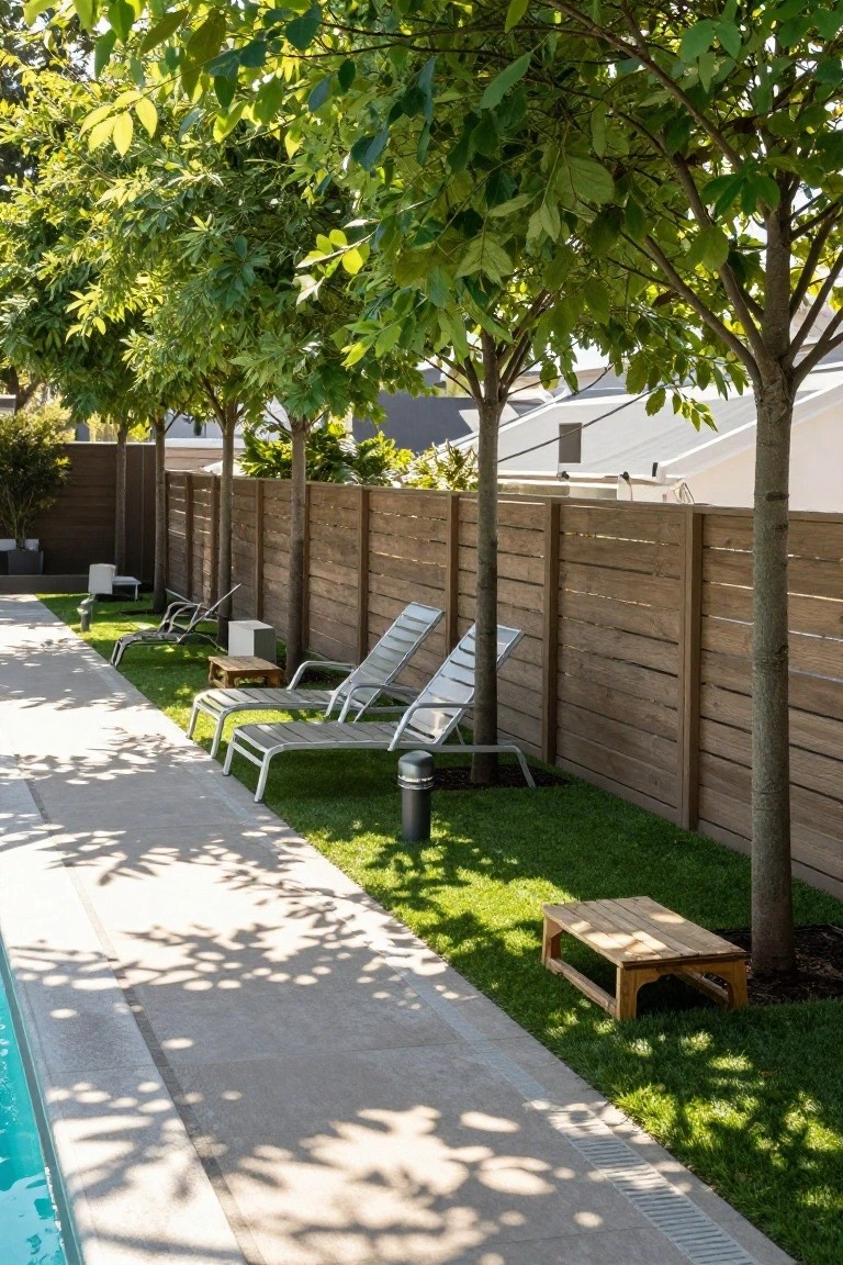 Poolside path with metal lounge chairs on grass strips next to a turquoise pool, bordered by a horizontal slat wooden fence and slender green trees.