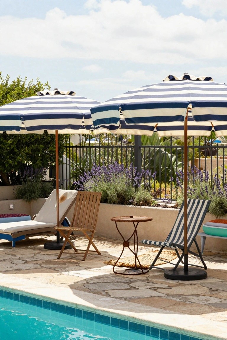 Poolside area with two large navy and white striped umbrellas over lounge chairs, wooden chairs, a metal table, potted plants, and lavender shrubs next to a turquoise pool edged in stone pavers.