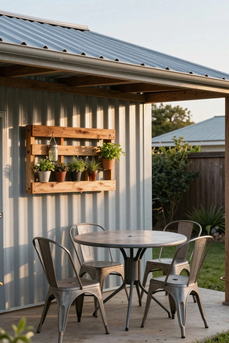 Corrugated metal shed with wooden pallet frame planter on the wall holding several potted plants including herbs and succulents plus a hanging glass jar, adjacent to a round metal table surrounded by four metal chairs on concrete patio under metal roof overhang.