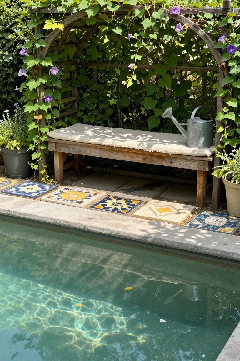 Wooden Arbor with Vines for Poolside Shade