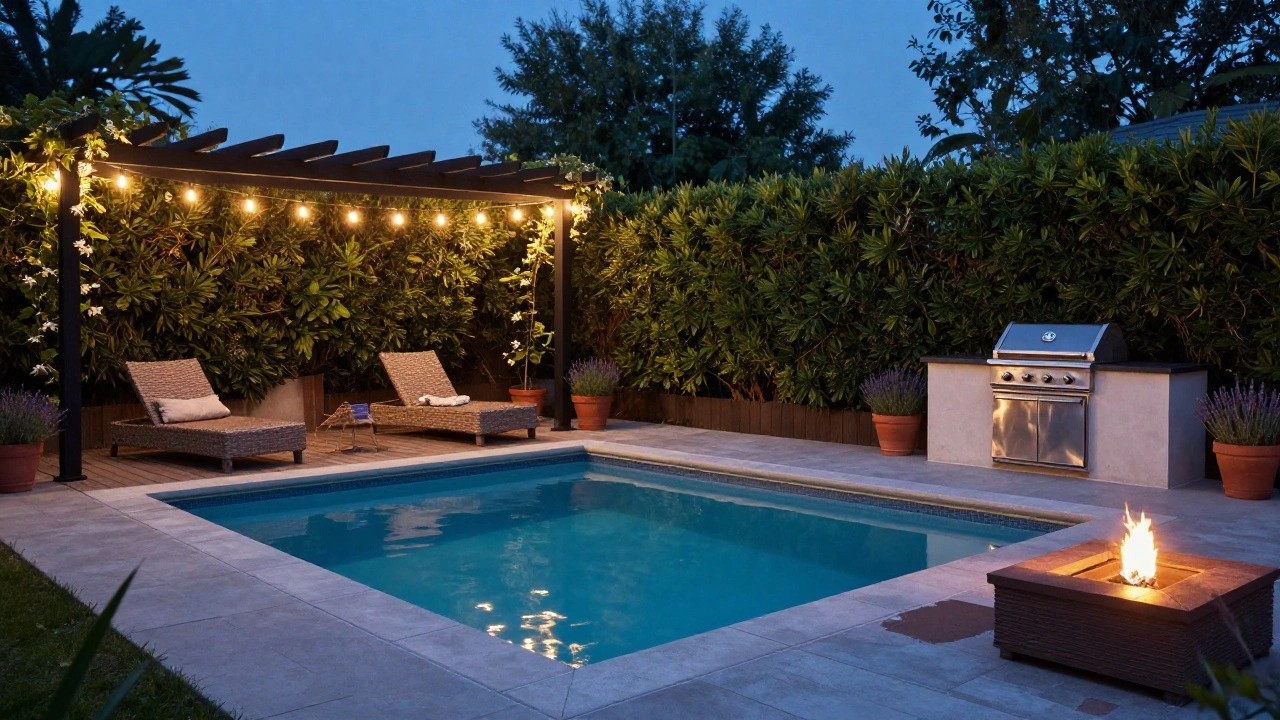 Twilight backyard pool deck with two rattan lounge chairs with towels, stainless steel grill on stone base, black pergola draped in string lights and white flowering vines, potted lavender plants, wooden decking, turquoise pool, hedges and trees.