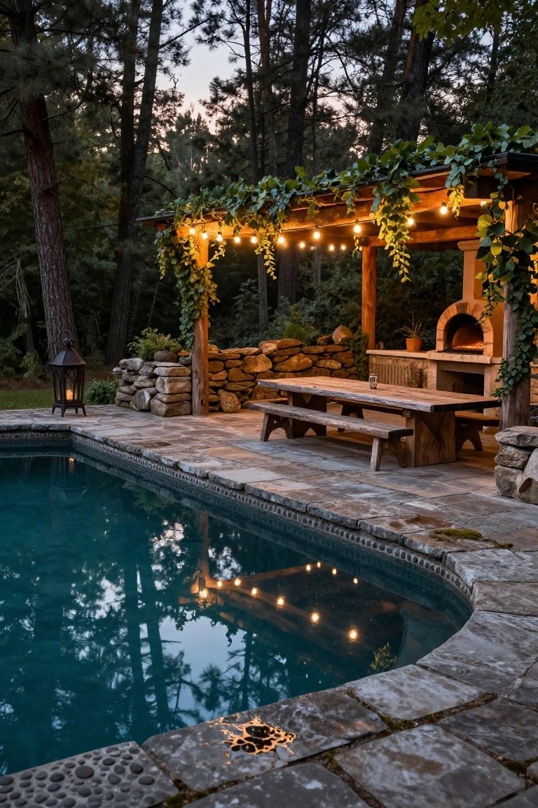 Turquoise pool beside a stone patio with wooden pergola strung with warm globe lights, rustic dining table and benches, arched stone pizza oven, lantern, and surrounding pine trees at dusk.