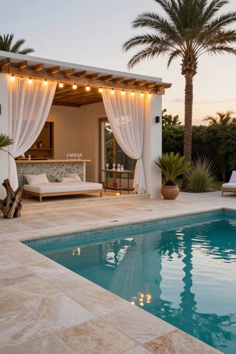 White pergola with wooden beams strung with warm bulb lights and sheer curtains beside a turquoise tiled pool on a beige stone patio, including a wooden daybed, bar counter, and potted plants at dusk.