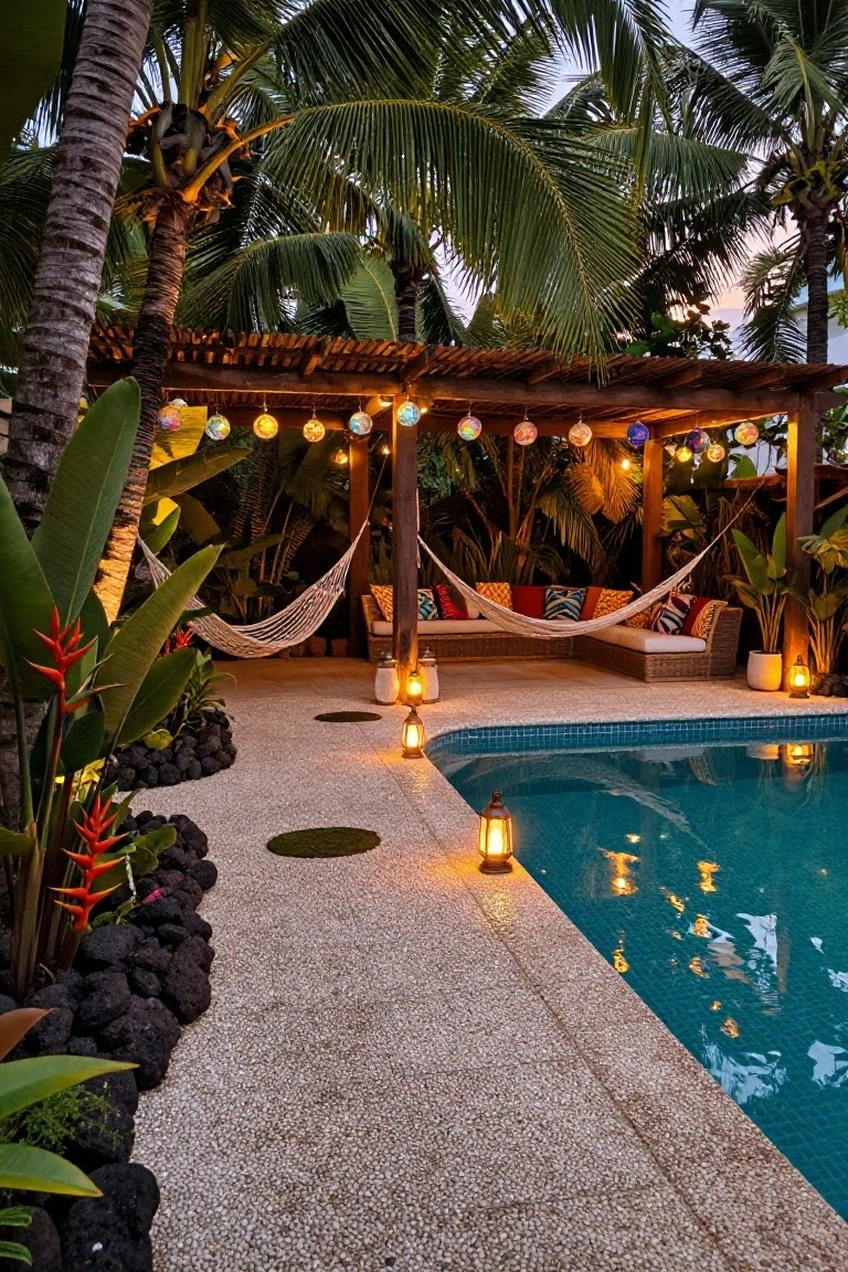 Outdoor pool area at dusk with wooden pergola strung with colorful globe string lights overhead, hammock sofa seating nearby, tropical plants, lava rock borders, and lanterns around the pool edge.
