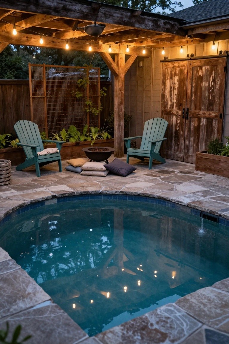 Wooden pergola with hanging string lights over a small curved turquoise pool, flanked by teal Adirondack chairs on stone pavers, a fire pit, pillows, plants, and a barn-style door in the background at dusk.