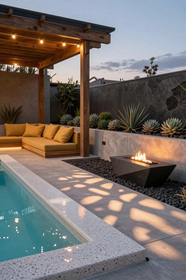 Wooden pergola with warm string lights over yellow L-shaped outdoor sofa next to a pool, modern square fire pit, and succulent plantings along a textured wall at dusk.