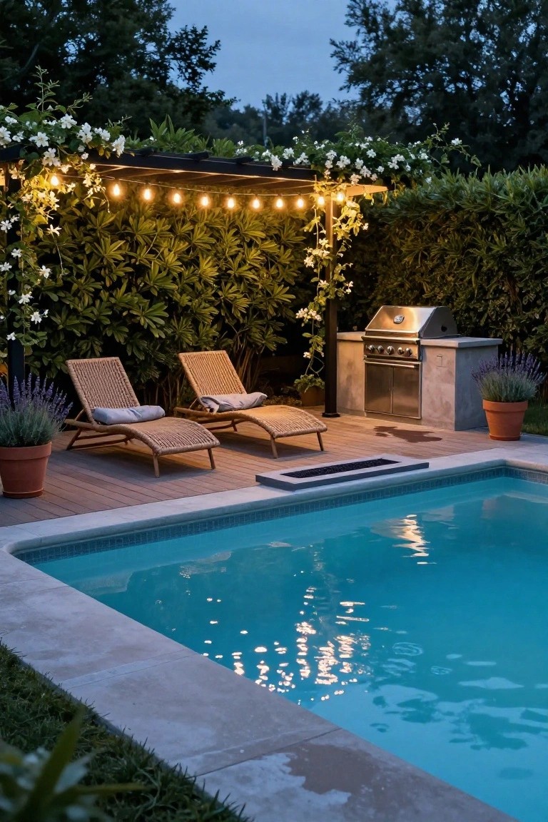Twilight backyard pool deck with two rattan lounge chairs with towels, stainless steel grill on stone base, black pergola draped in string lights and white flowering vines, potted lavender plants, wooden decking, turquoise pool, hedges and trees.