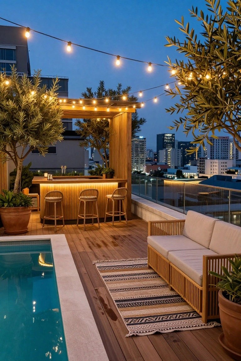 Rooftop terrace at dusk featuring a small infinity pool, wooden bar with rattan stools, beige sofa on deck, potted olive trees under a pergola with string lights, and city skyline view.