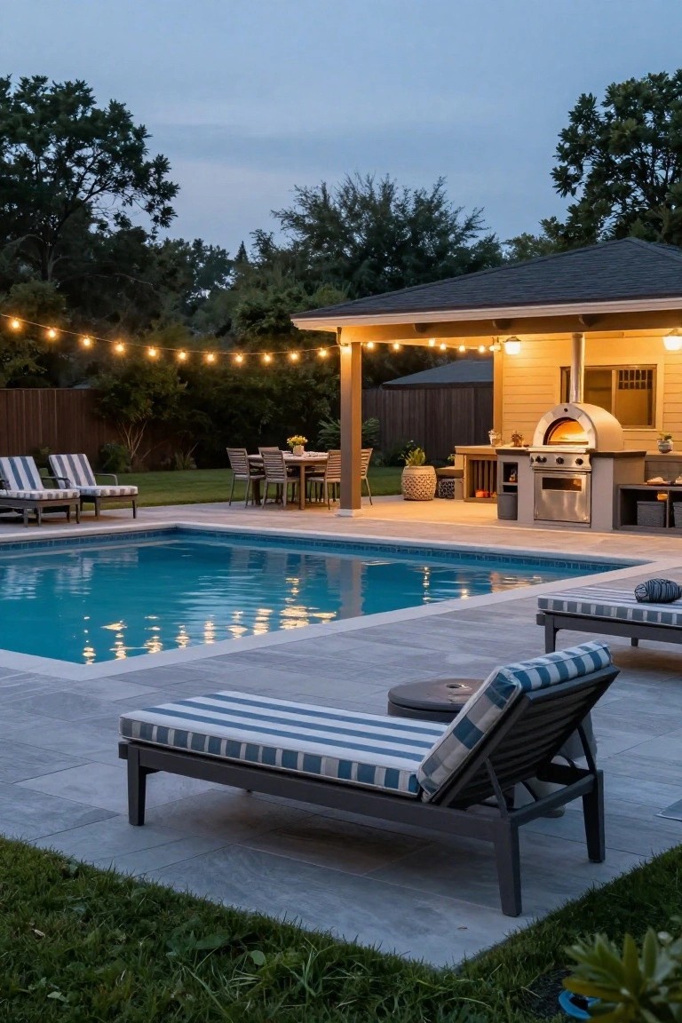 Backyard pool at dusk with string lights draped across a pergola, outdoor kitchen including pizza oven and grill, striped lounge chairs on paver deck, and surrounding trees and fence.