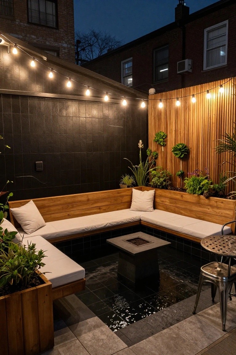Outdoor corner seating with L-shaped wooden benches around a central square fire pit in black tiles with water reflections, plants in planters, string lights overhead, and a metal stool with table at dusk.